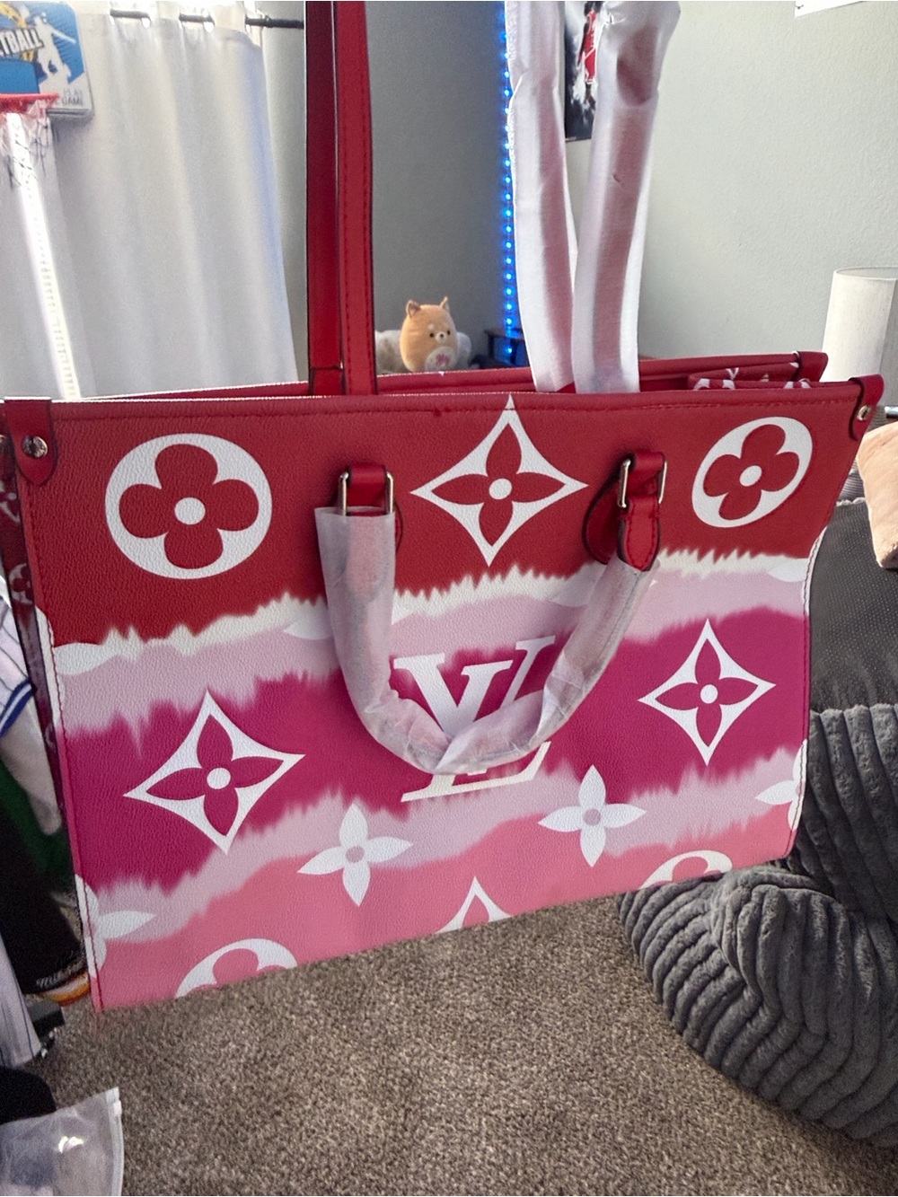 Designer-Inspired Pink & Red Monogram Shoulder Tote